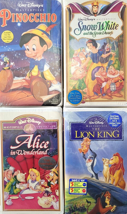 Walt Disney 4 VHS Lot - All New/Sealed! Snow White Alice in Wonderland Pinocchio