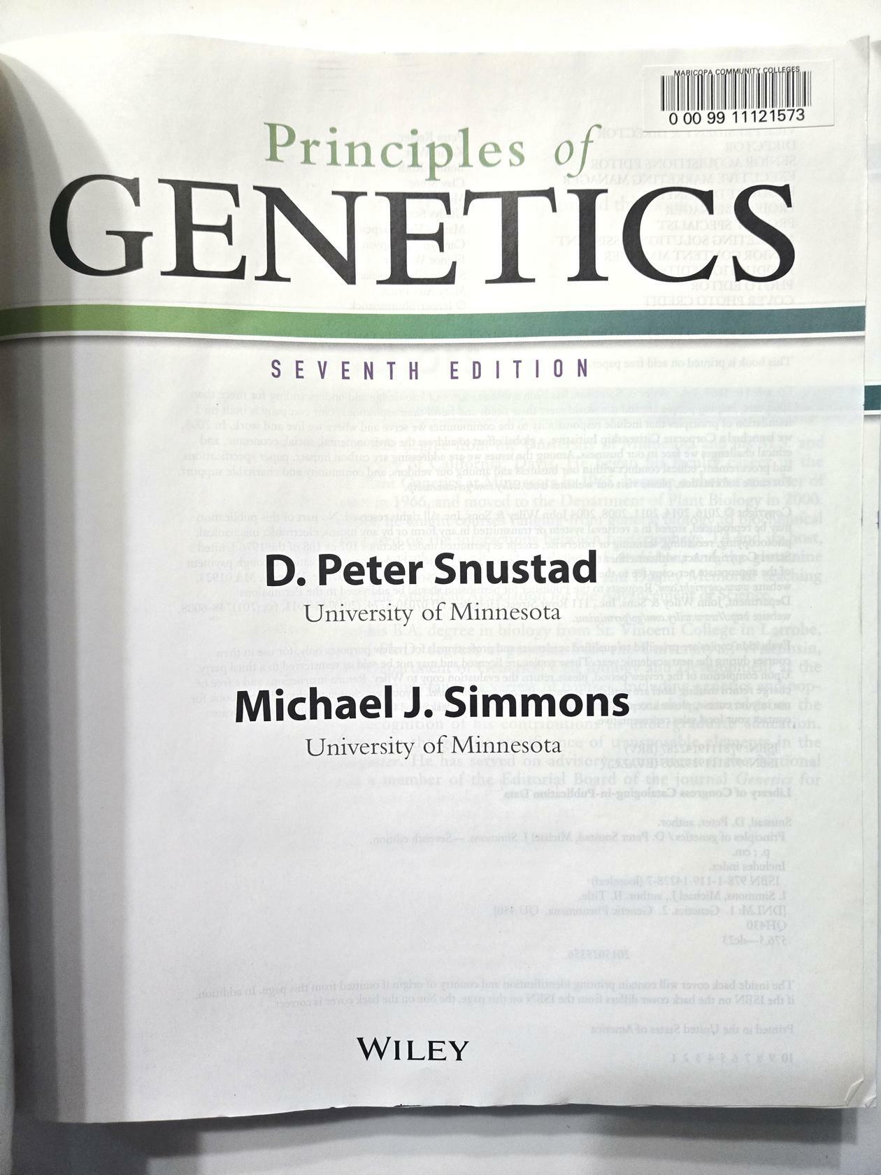 Principles of Genetics 7th Edition ; Wiley ; Evaluation/Desk Copy