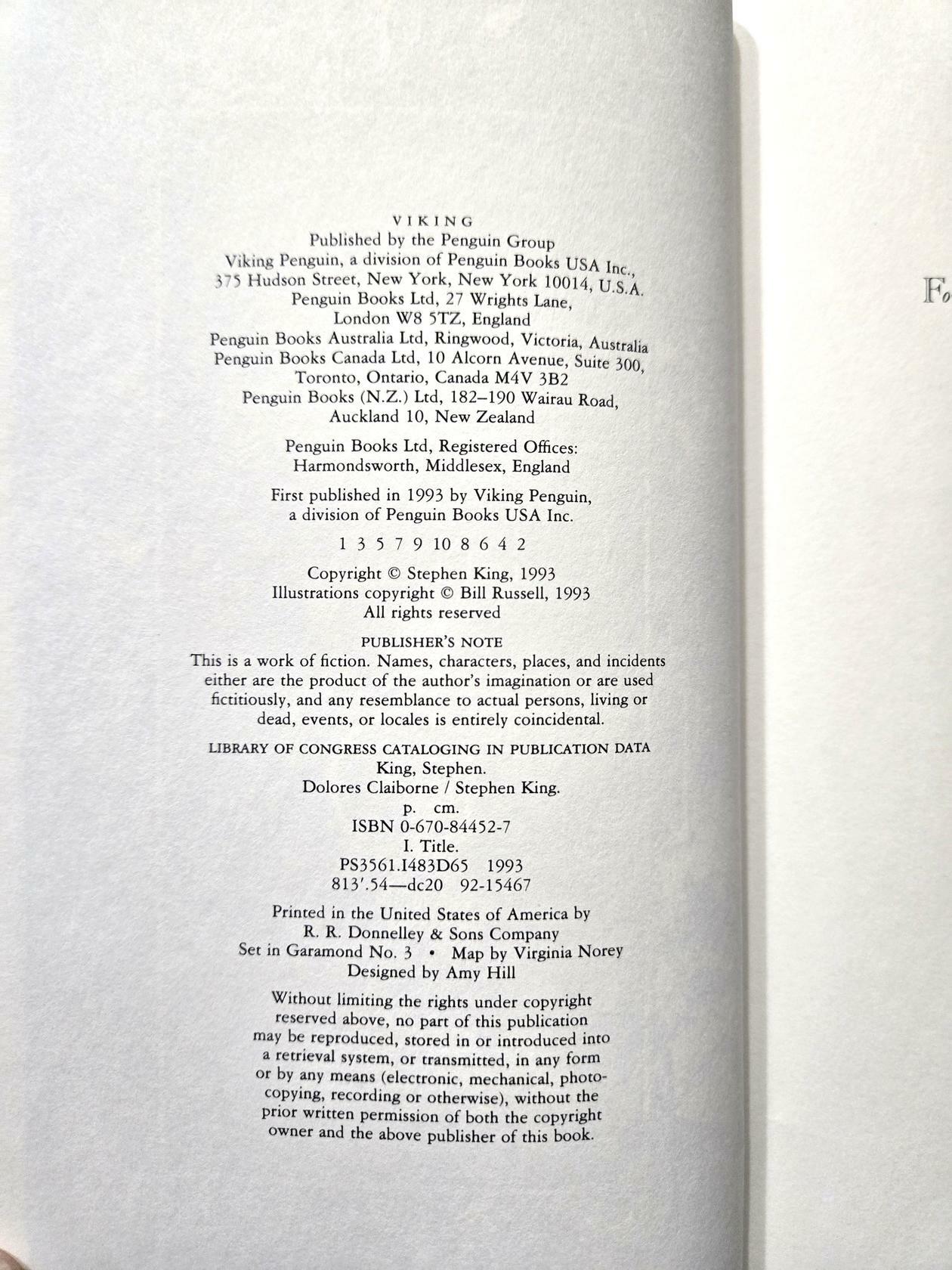 Dolores Claiborne by Stephen King; 1st Edition 1st Printing