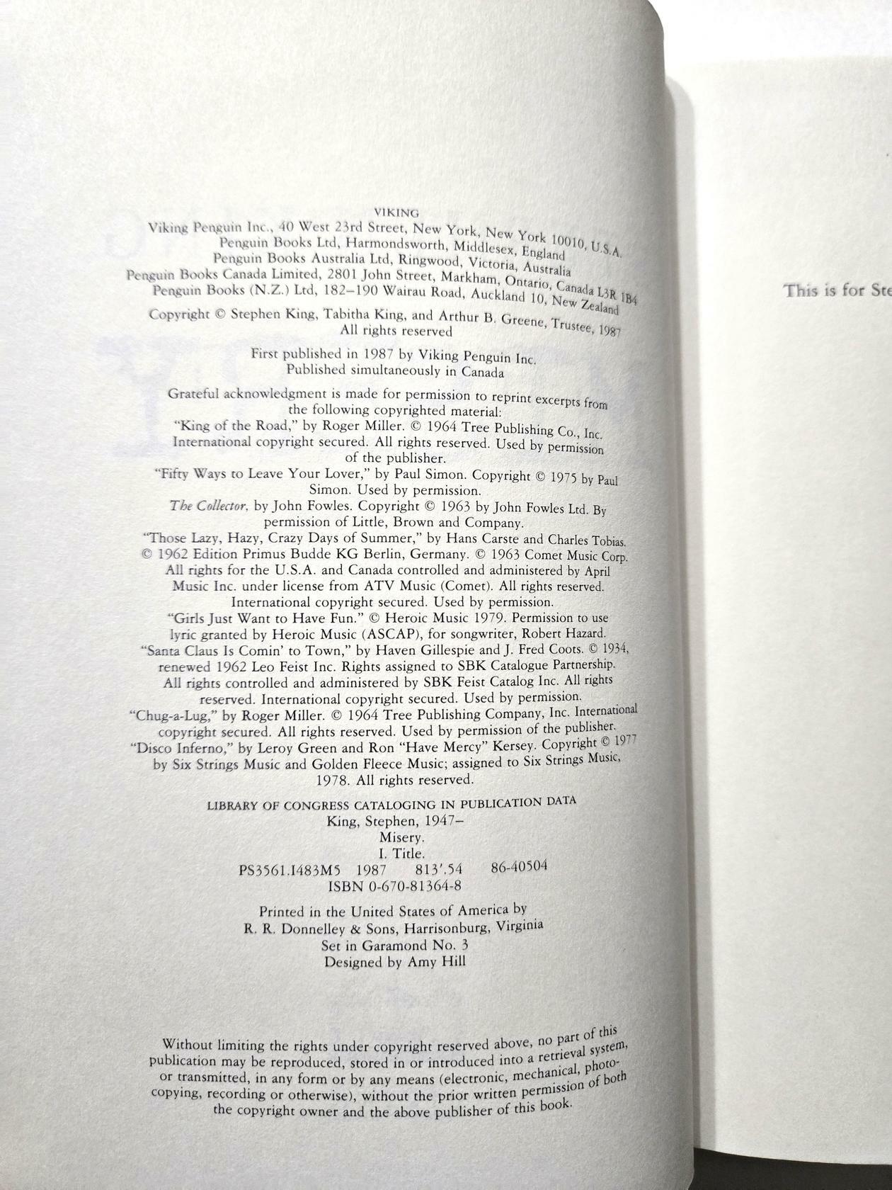 Misery by Stephen King ; 1st Edition 1st Printing