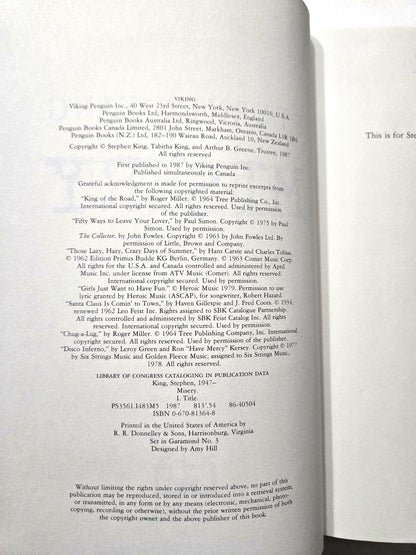 Misery by Stephen King ; 1st Edition 1st Printing