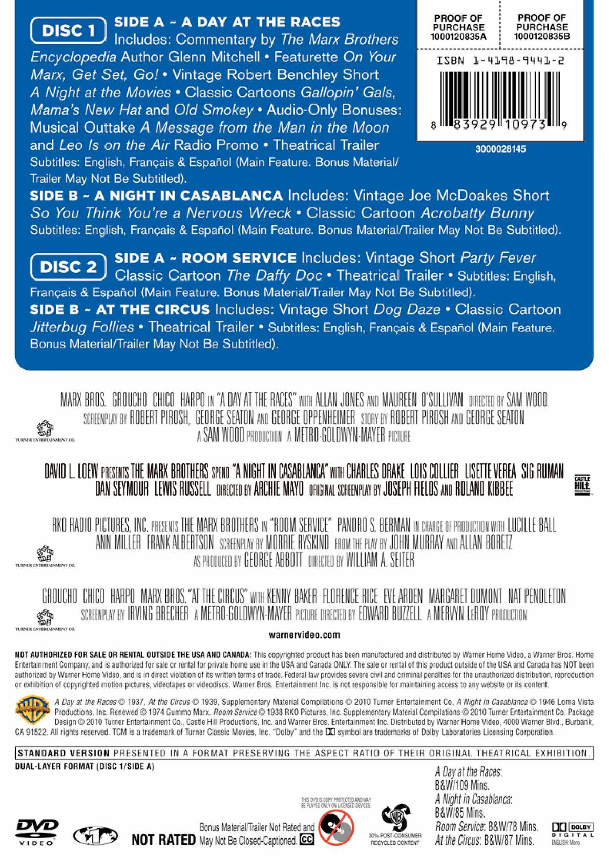 TCM Greatest Classic Films Collection: Marx Brothers (A Day at the Races / A Night in Casablanca / Room Service / At the Circus) [DVD]